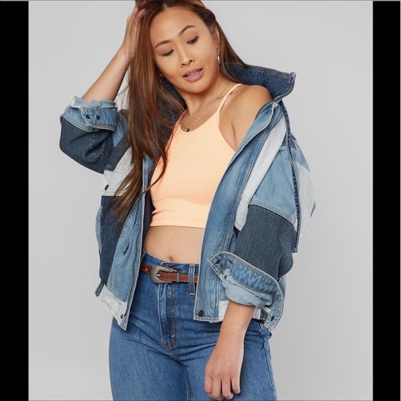 Free People Panel Denim Bomber Jacket 